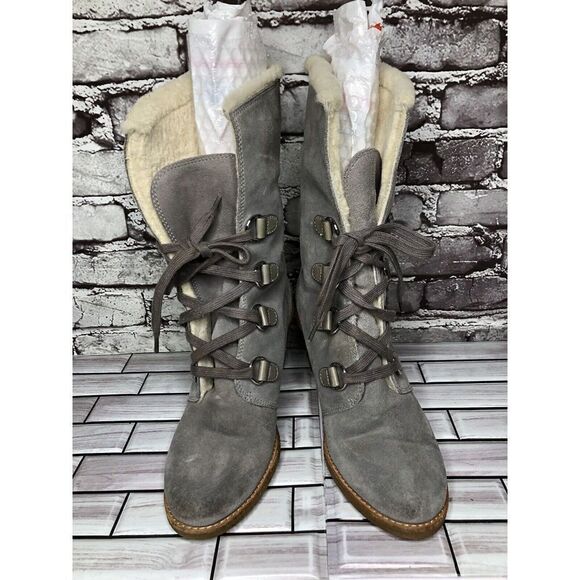 Cole Haan Waterproof Gray Suede Shearling Wedge Comfort Winter Boots Women Sz 9B - Picture 5 of 16